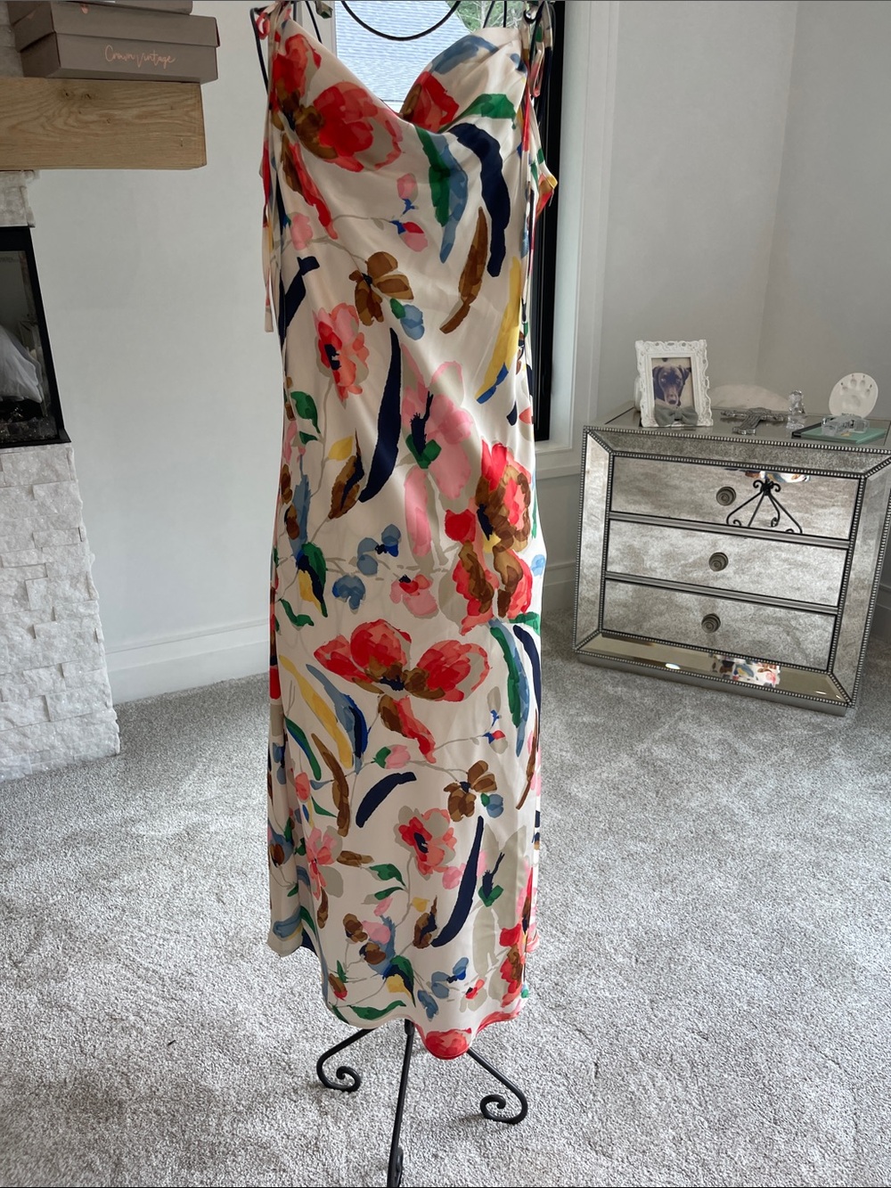 THML Cream Floral Maxi Slip Dress Multicolor Silk Rayon Brushstroke Print!